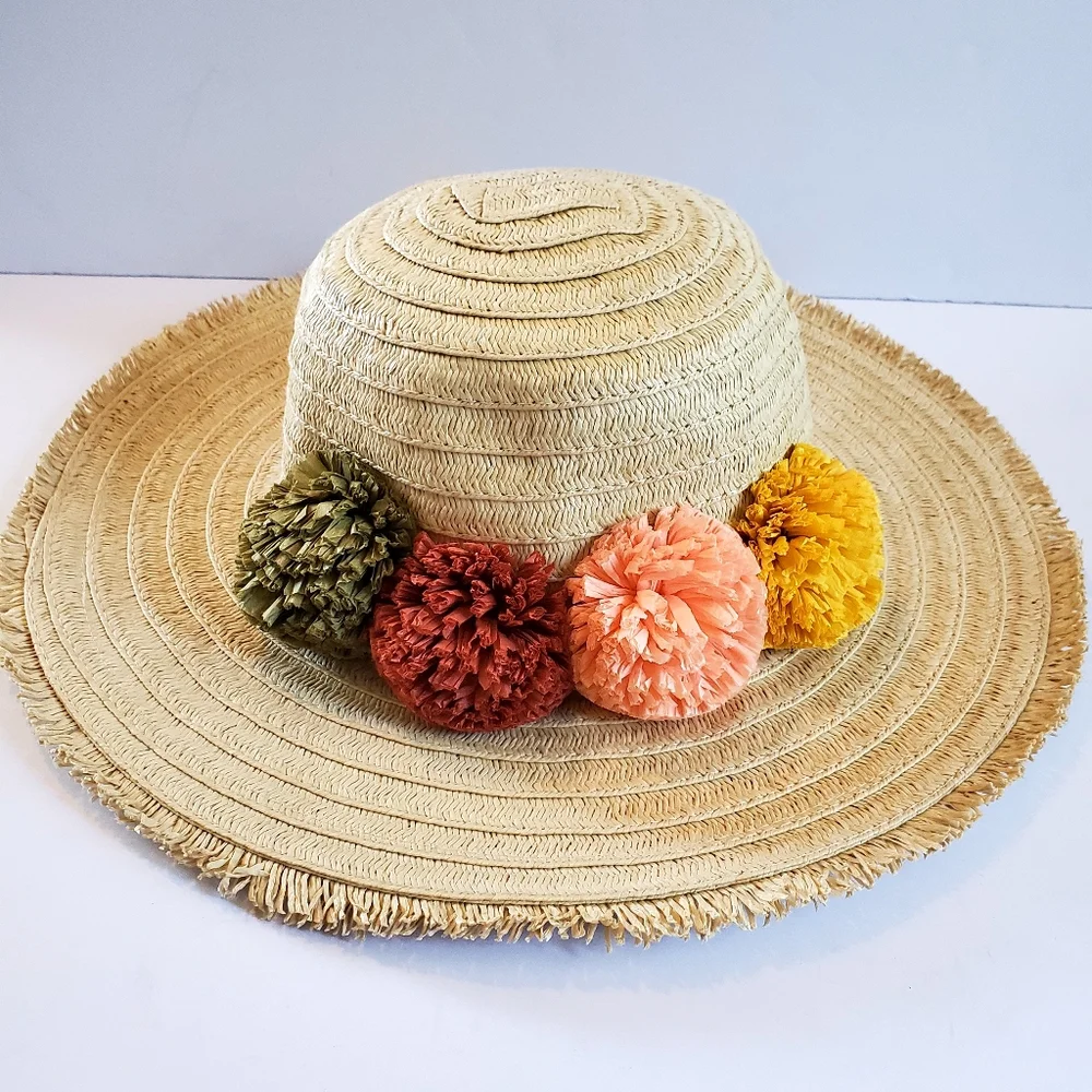 Tan and Green Wide-Brimmed Hat with Colorful Accents